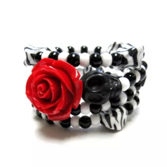 Zebra Bracelet Red Rose Skull Day Of The Dead Cuff Halloween Jewelry - Picture 1 of 3